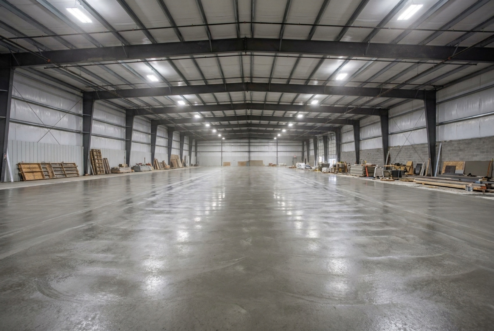 Polished concrete floor in a large empty steel frame warehouse