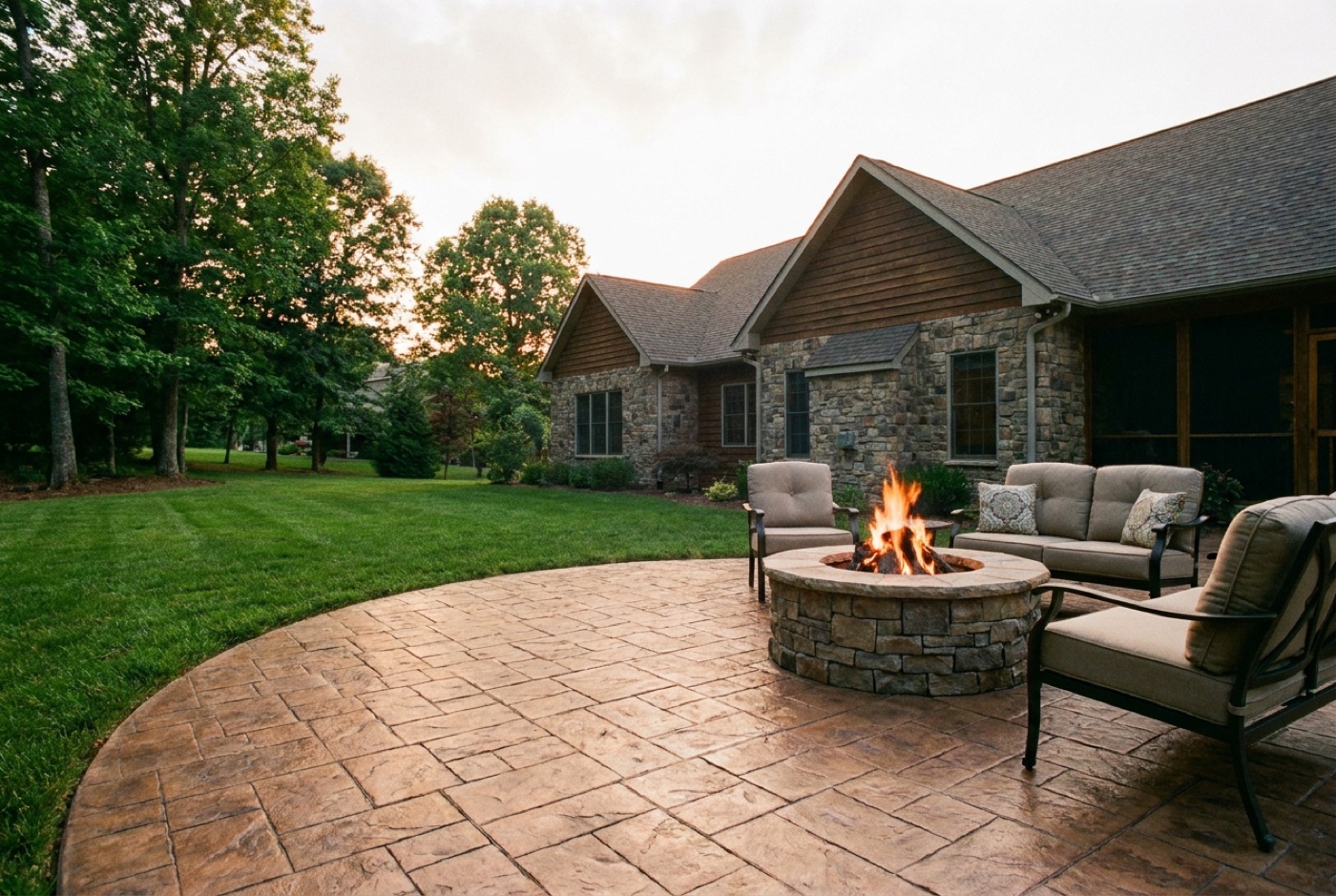 Concrete patio with an outdoor seating area
